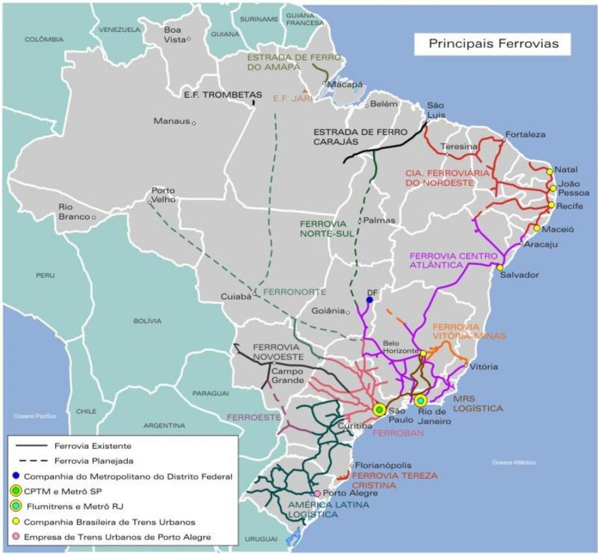 Mapa das linhas de trem do Brasil